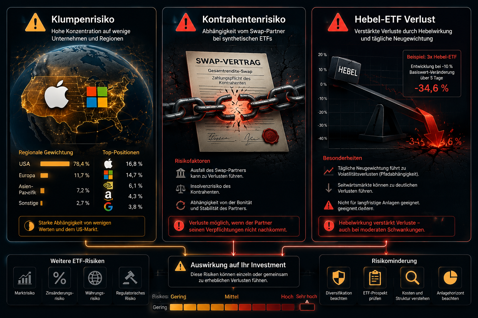 ETF Nachteile: Was Anleger 2026 wirklich wissen müssen 1 () detailed financial infographic illustration showing multiple ETF risk categories arranged as interconnected warning