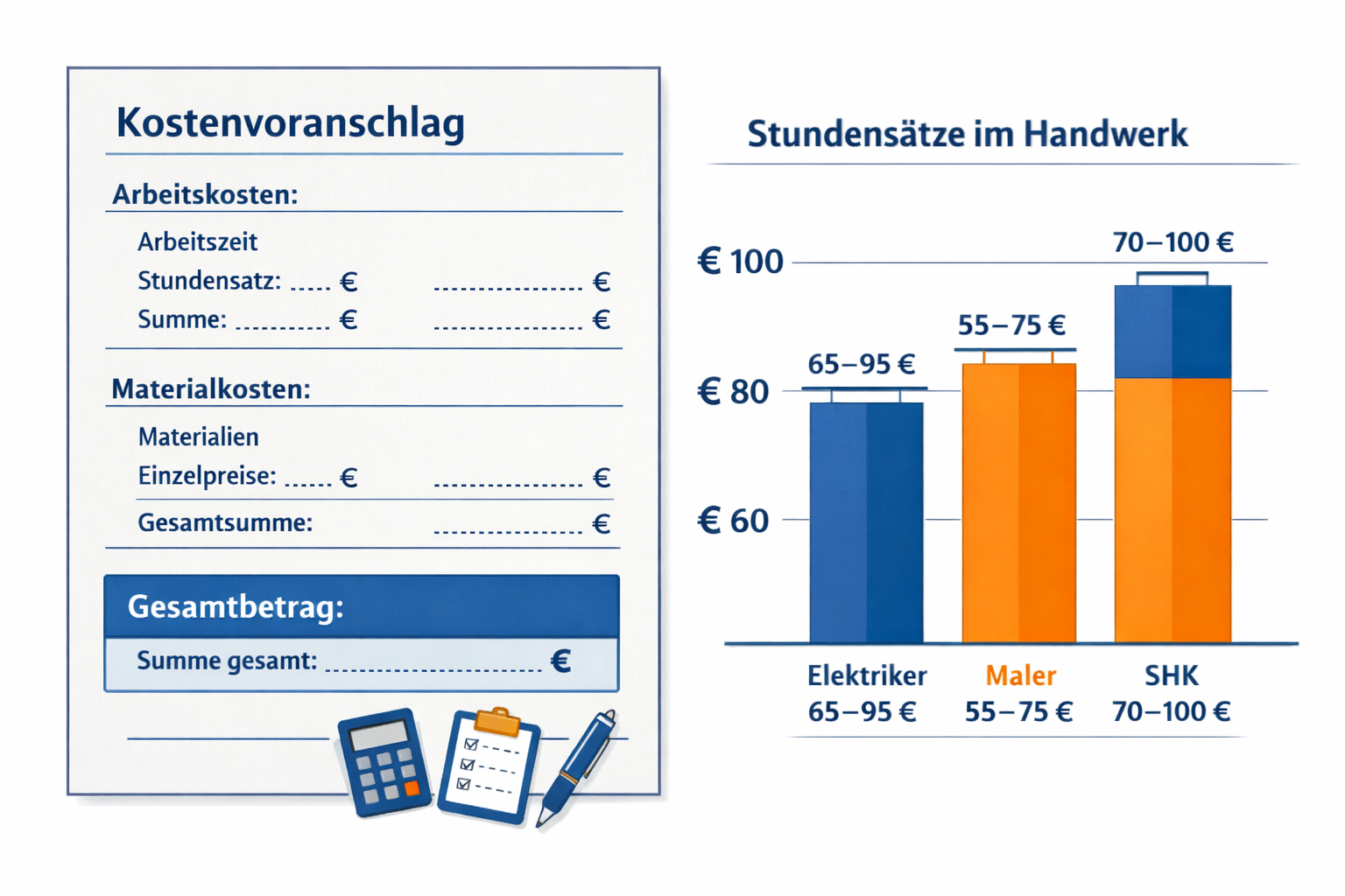 Was ist bei einem Kostenvoranschlag von einem Handwerker zu beachten? 1 () detailed infographic illustration showing a structured Kostenvoranschlag document layout with labeled German sections: