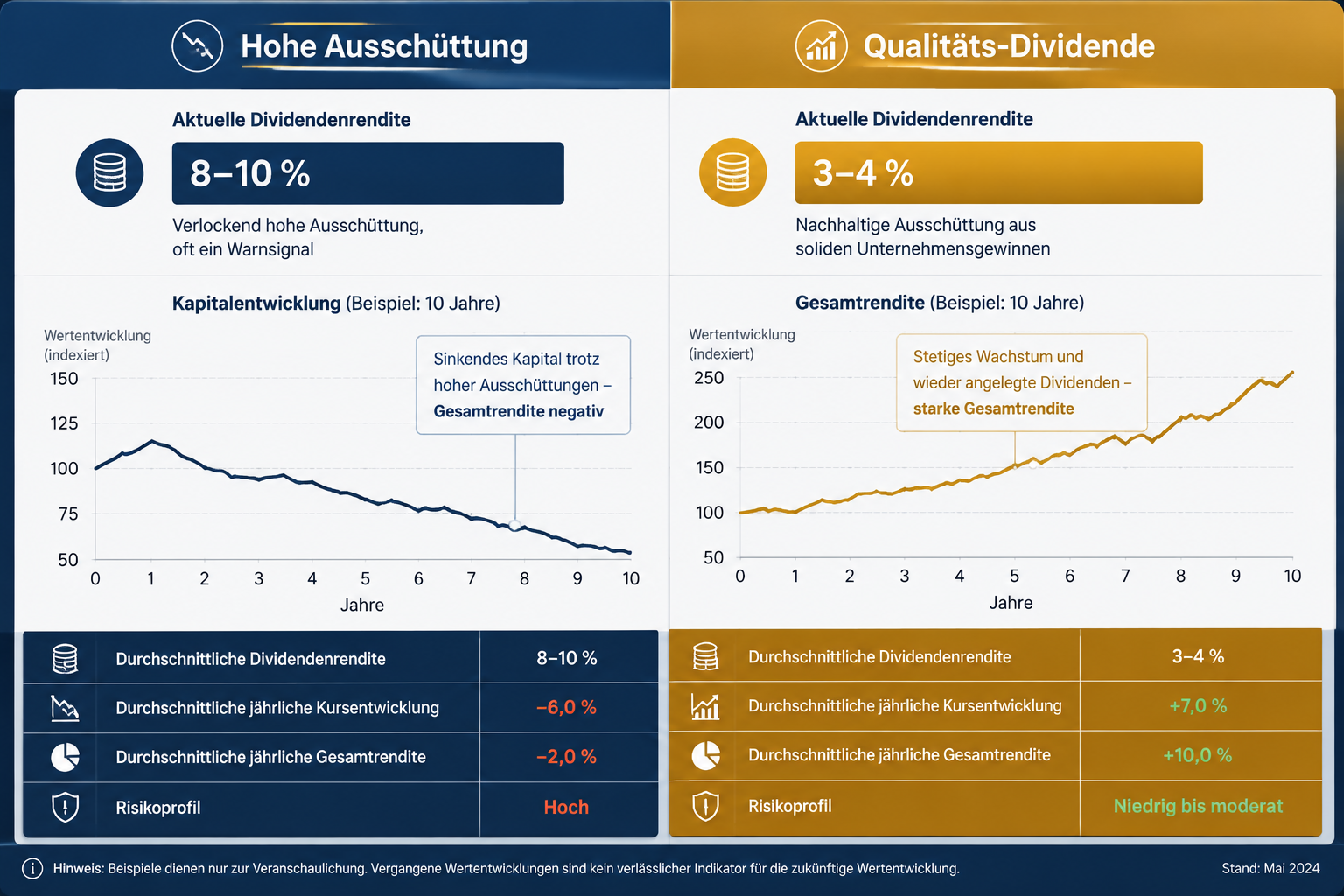 Dividenden-ETFs: Lohnt sich die Jagd nach der Rendite? 1 () detailed infographic-style illustration for a German finance article. A split comparison table rendered as a clean
