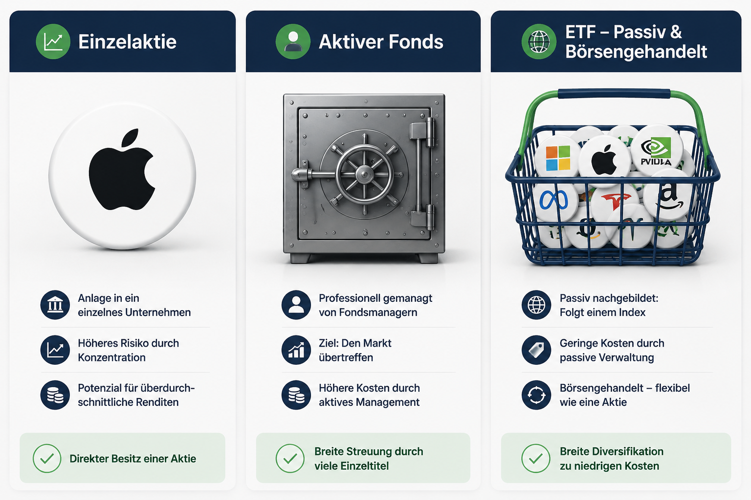 Was ist ein ETF? Der ultimative Guide für Anfänger 1 () detailed infographic-style illustration showing a visual comparison between a single Aktie (stock), a traditional