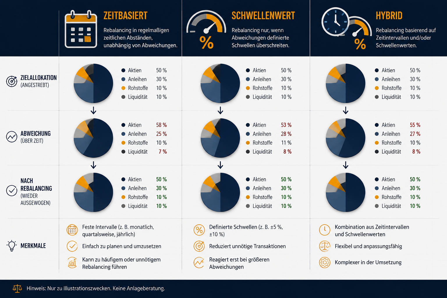 Rebalancing im ETF-Portfolio: Wann und wie oft? 1 () detailed infographic-style illustration showing three side-by-side columns comparing Rebalancing-Methoden: a calendar