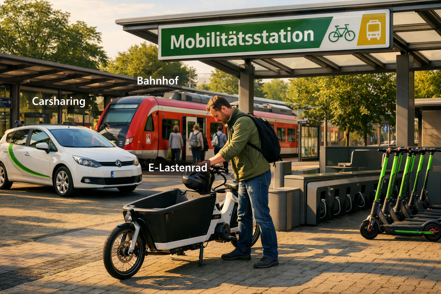 Grüne Mobilität: Die besten Alternativen zum eigenen Auto in der Stadt 2 () dynamic photo-realistic scene of a modern German city mobility hub: a person smoothly transitioning from a regional train