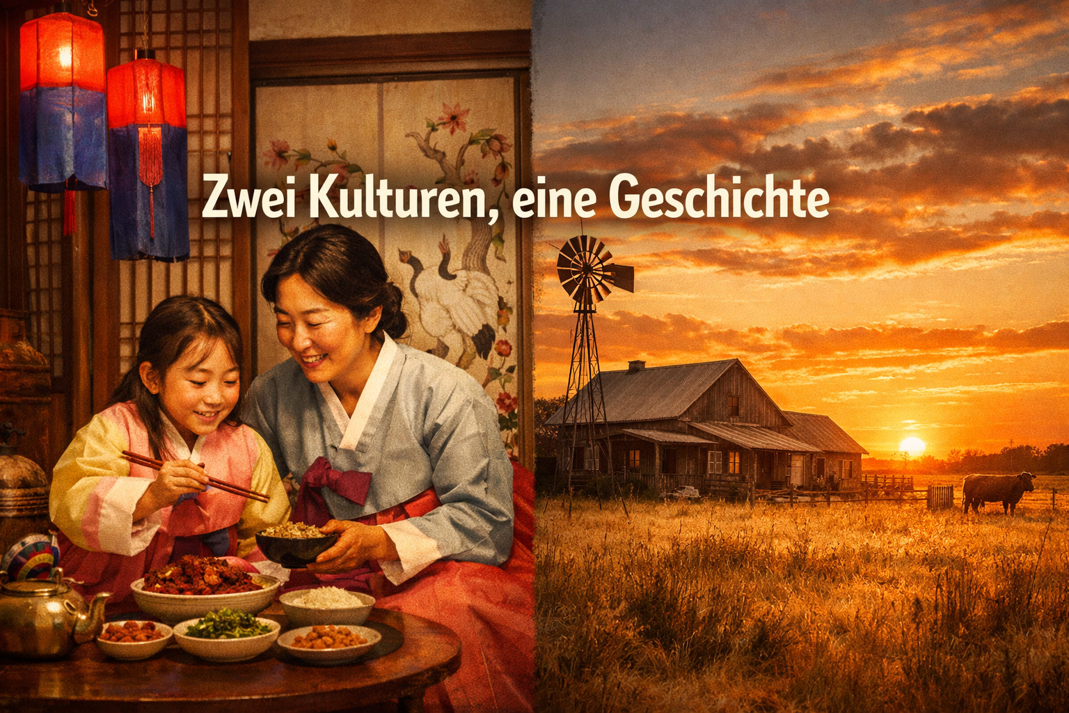 Joanna Gaines Herkunft 1 () editorial illustration showing a split-scene composition: left side depicts a traditional Korean family setting with