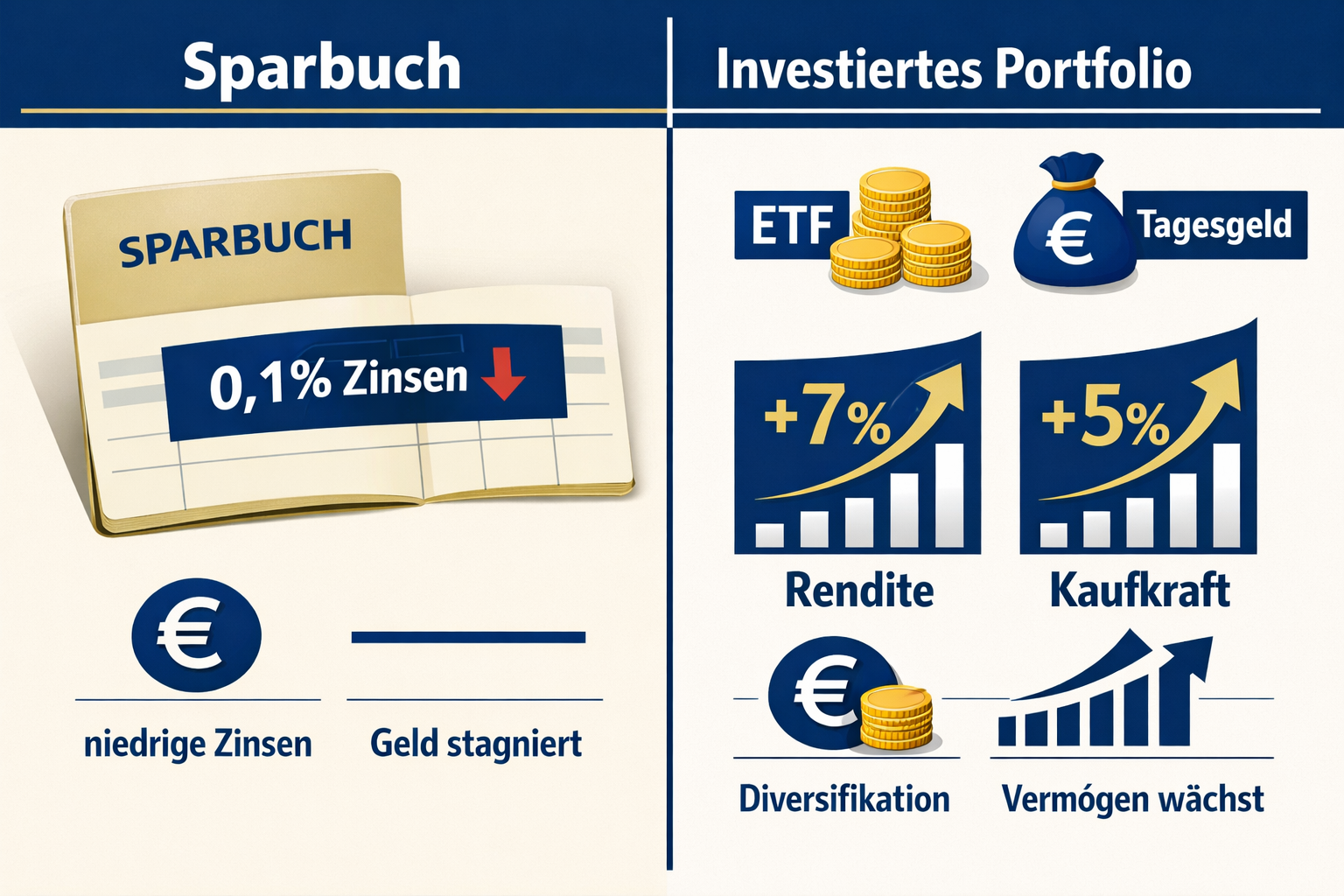 Inflation und Sparen: Wie du dein Geld jetzt sinnvoll anlegst 1 () editorial illustration showing a split-screen comparison: left side depicts a traditional German Sparbuch savings book