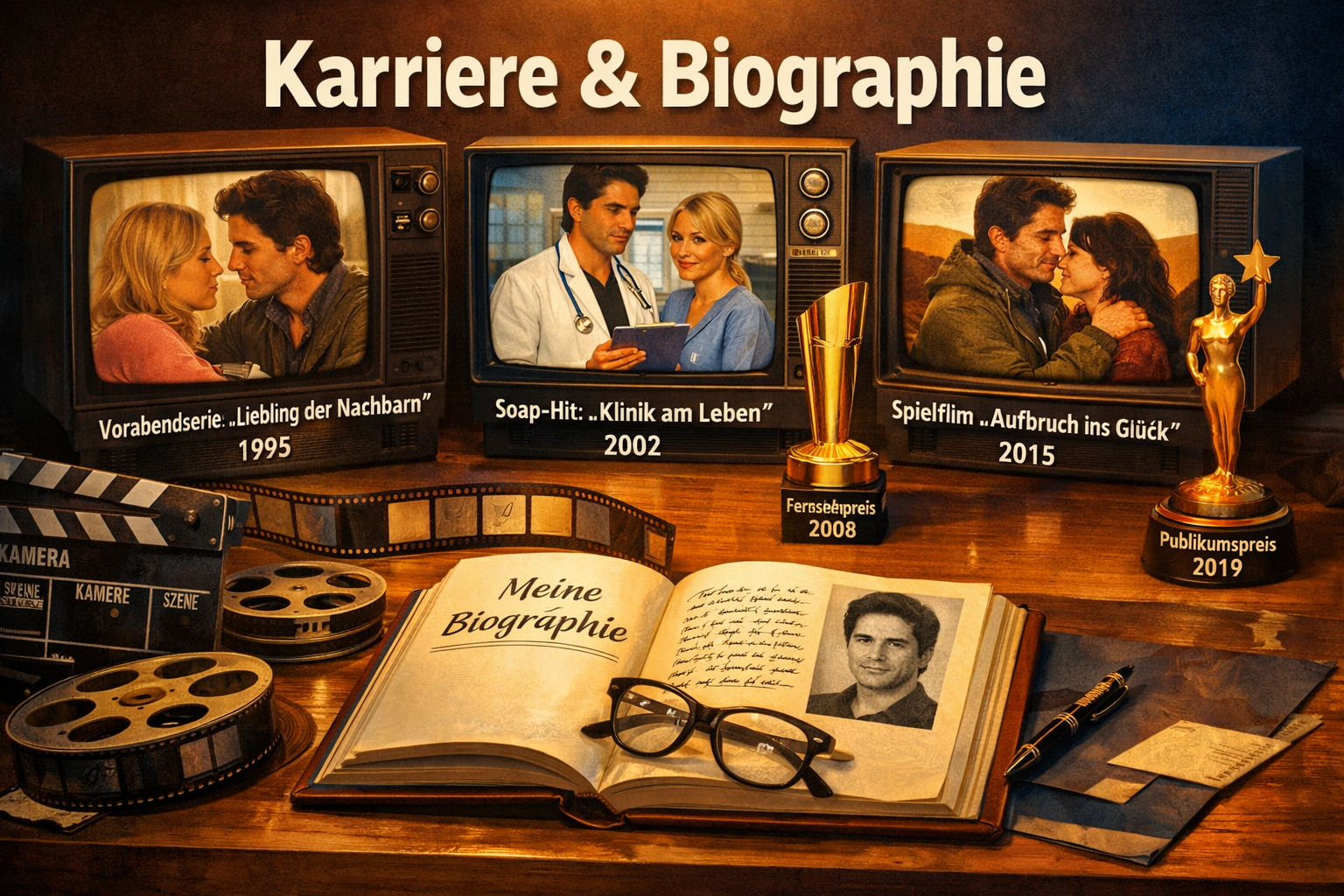 Wolfgang Bahro Gage, Vermögen und Biographie 2026 1 () editorial illustration showing a timeline of a German soap opera actor's career milestones: TV screens displaying classic