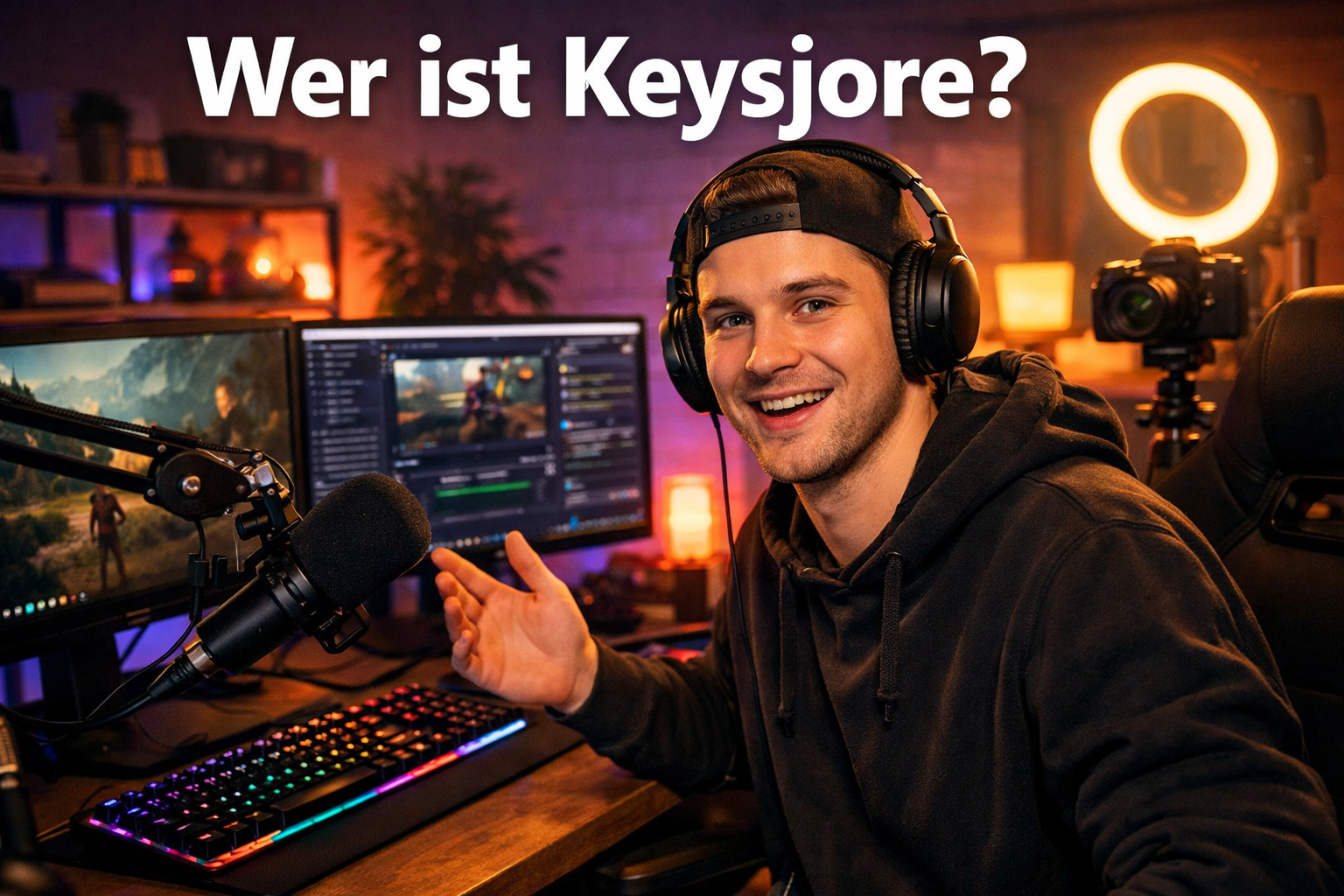 Keysjore Facecam 1 () editorial illustration showing a young German content creator at a professional streaming desk with dual monitors,