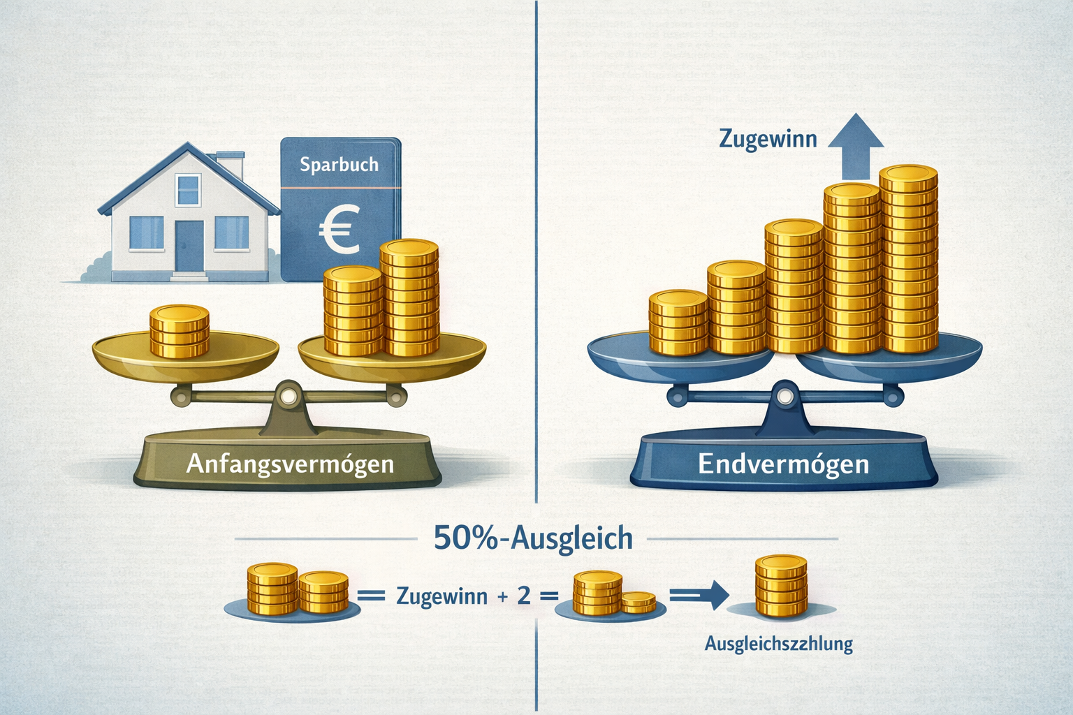 Zugewinngemeinschaft in der Ehe 1 () editorial infographic illustration showing two balanced scales side by side — one labeled 'Anfangsvermögen' and one