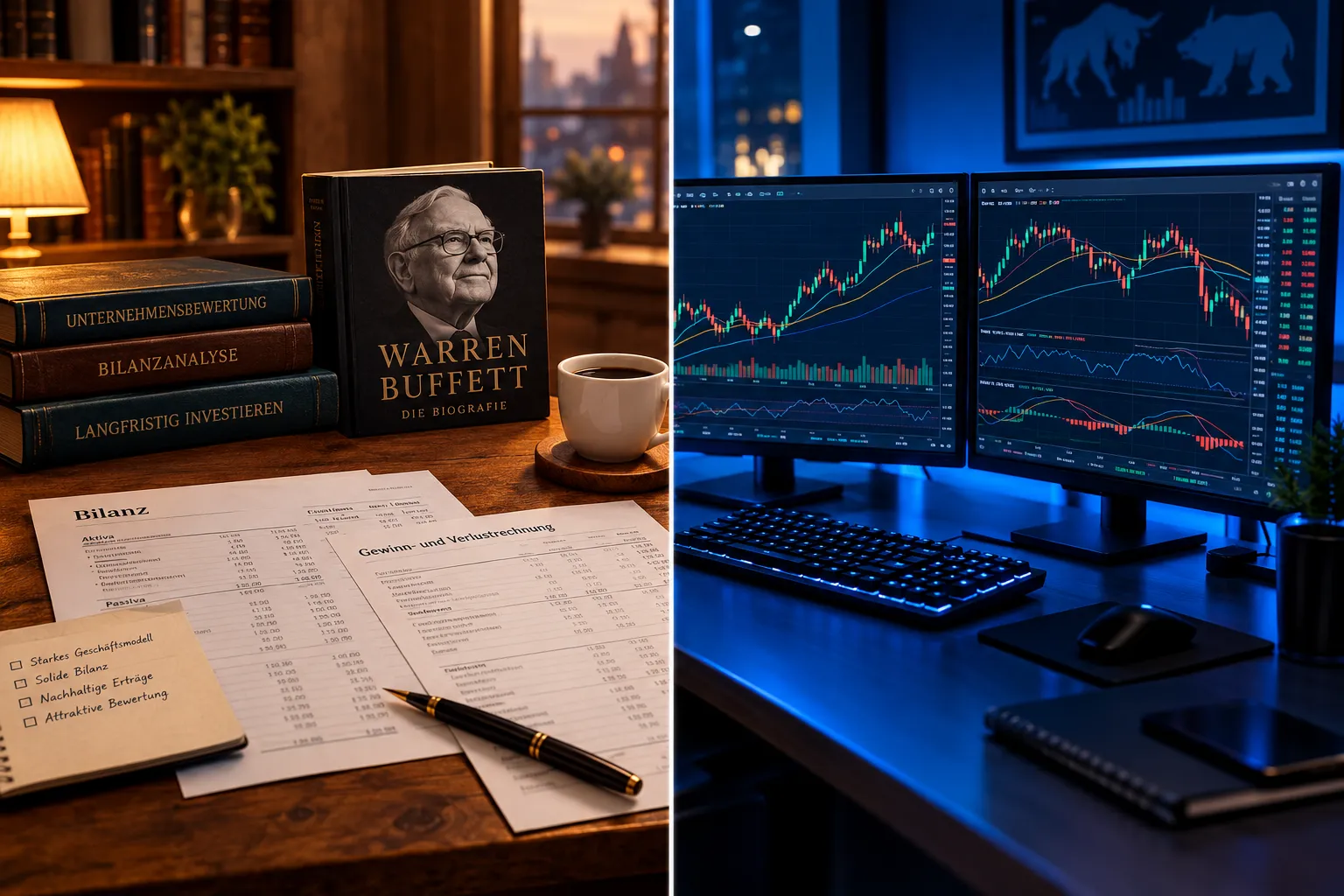 Fundamentalanalyse oder technische Analyse: Welche Methode passt zu welchem Anlegertyp? 1 Editorial landscape hero image (), no . Split composition: left half shows a classic value investor's warm-lit wooden desk