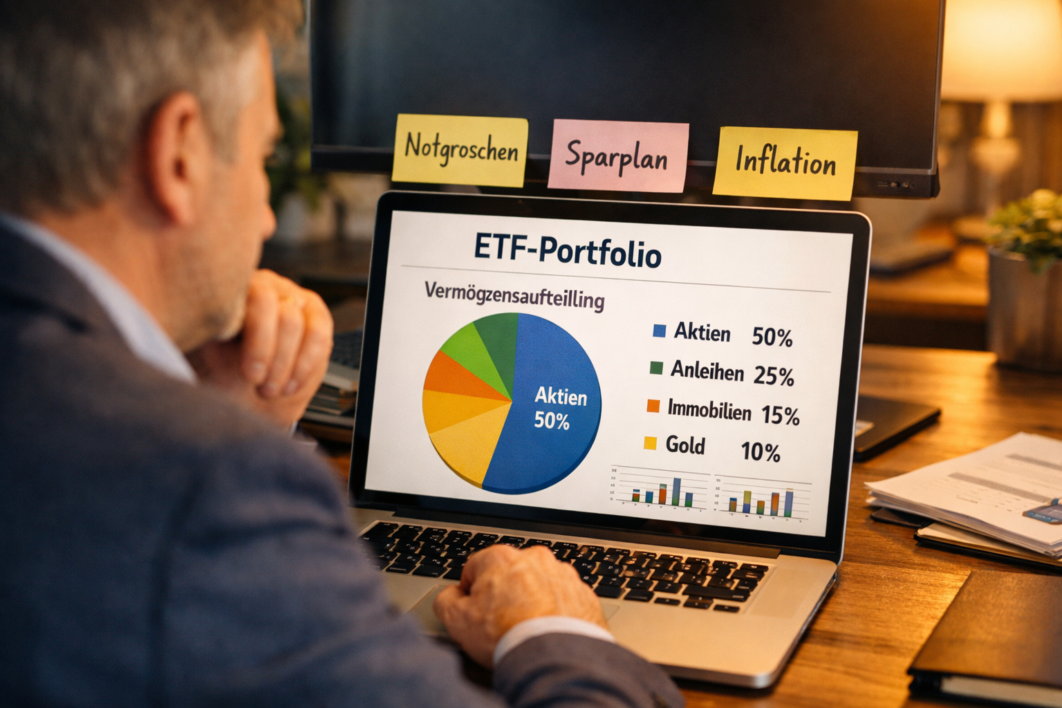 Inflation und Sparen: Wie du dein Geld jetzt sinnvoll anlegst 2 () editorial photo-illustration of a German investor at a modern desk reviewing a laptop screen showing an ETF portfolio