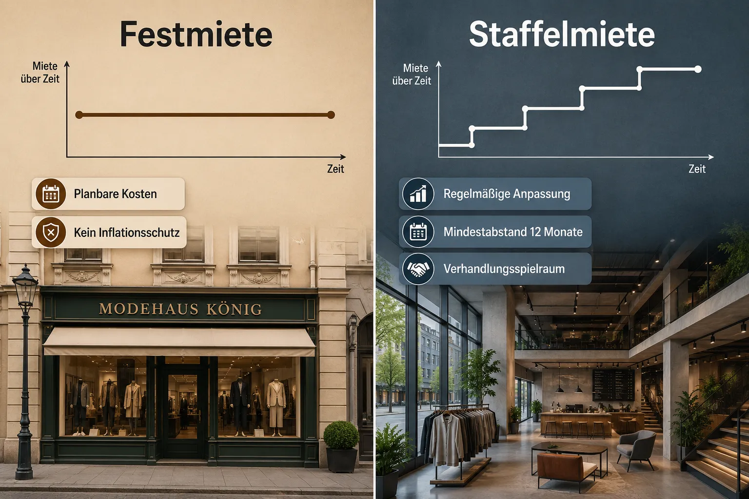 Gewerbeflächen vermieten in Innenstadtlagen: Besonderheiten bei Laufzeiten, Staffelmieten und Nutzungskonzepten 2 Festmiete vs. Staffelmiete: Was ist für Innenstadtflächen besser?