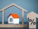 House model, arrow and percent sign as mortgage rates concept.