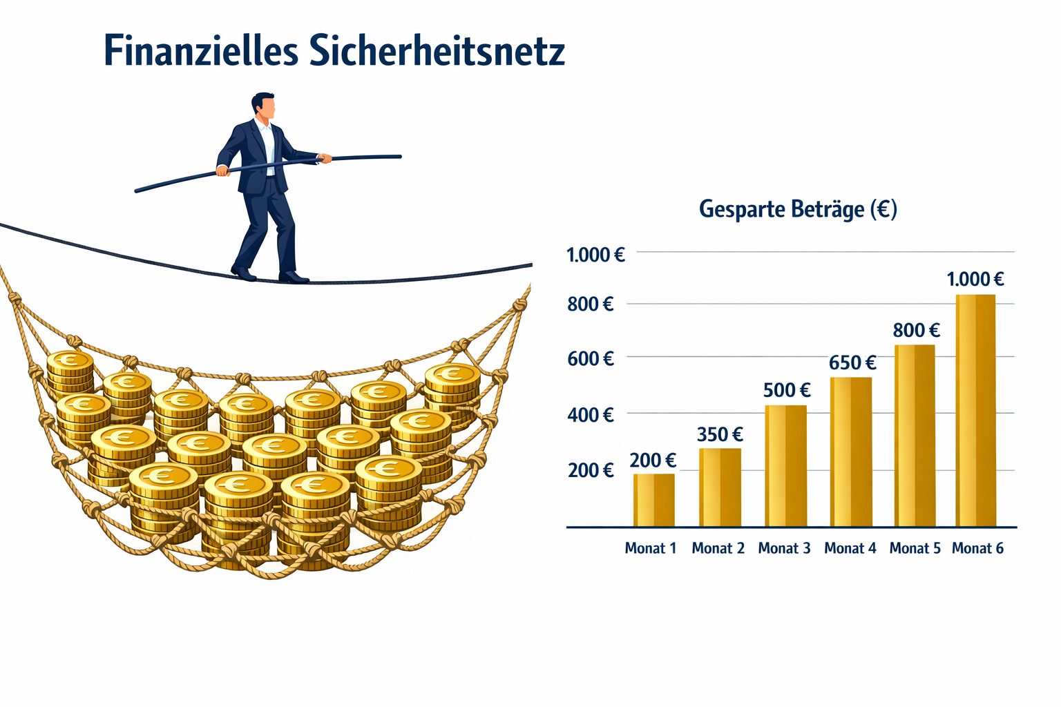 Der Notgroschen: Warum er so wichtig ist und wie du ihn richtig aufbaust 1 () infographic-style illustration showing a financial safety net concept: a tightrope walker above a stylized net made of