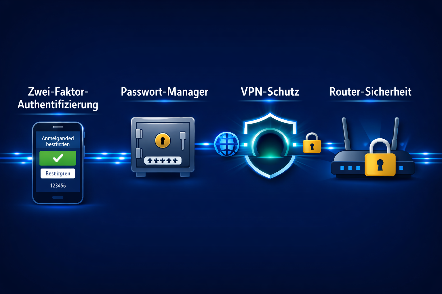 Cybersecurity 2026: Die wichtigsten Schutzmaßnahmen für Privatpersonen 1 () infographic-style illustration showing a layered security stack for home users: a smartphone with two-factor
