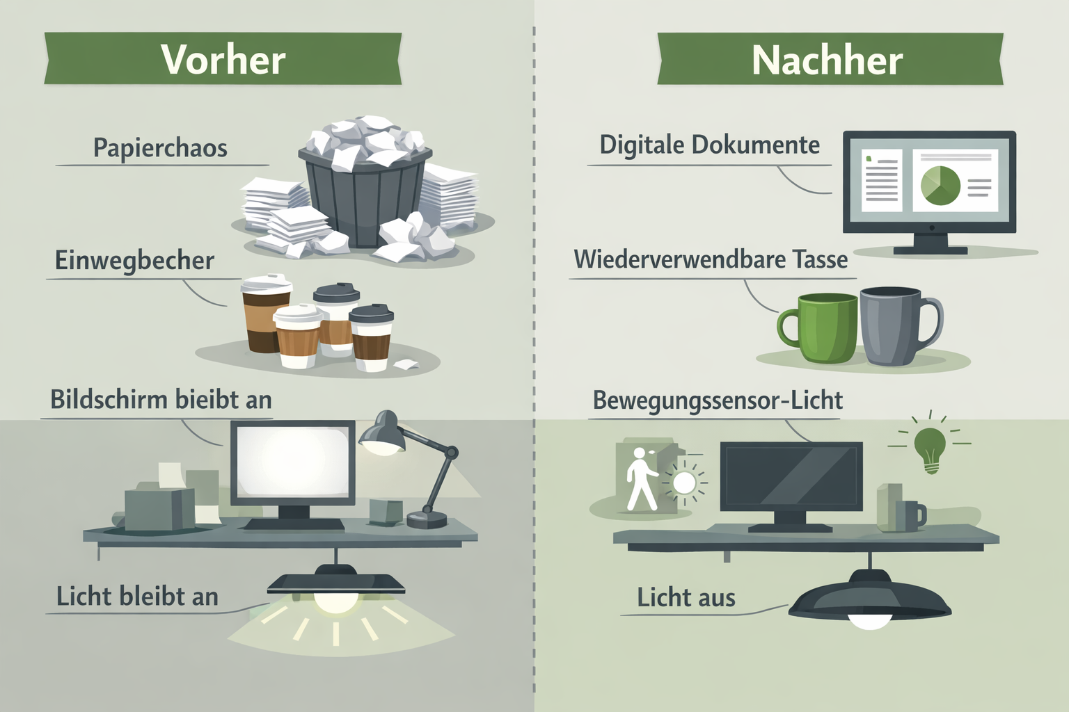 Nachhaltigkeit im Büro: Kleine Schritte mit großer ökologischer Wirkung 1 () infographic-style illustration showing a split-scene office comparison: left side depicts wasteful habits (overflowing