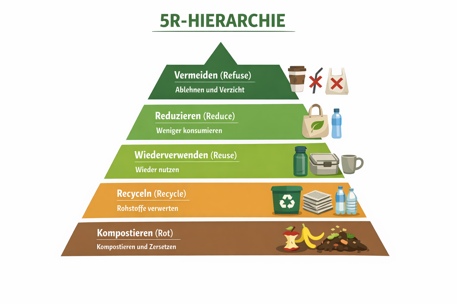 Zero Waste für Anfänger: Müllvermeidung leicht gemacht 1 () infographic-style illustration showing the 5R-Hierarchie (Refuse, Reduce, Reuse, Recycle, Rot) as a vertical pyramid