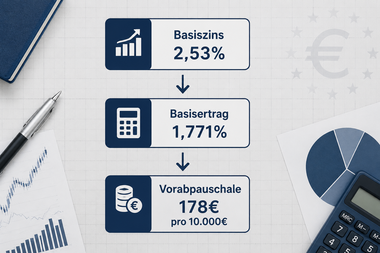 Die Vorabpauschale verstehen: Steuern auf ETFs 1 () infographic-style illustration showing the Vorabpauschale calculation flow for a German ETF investor in 2026. Three