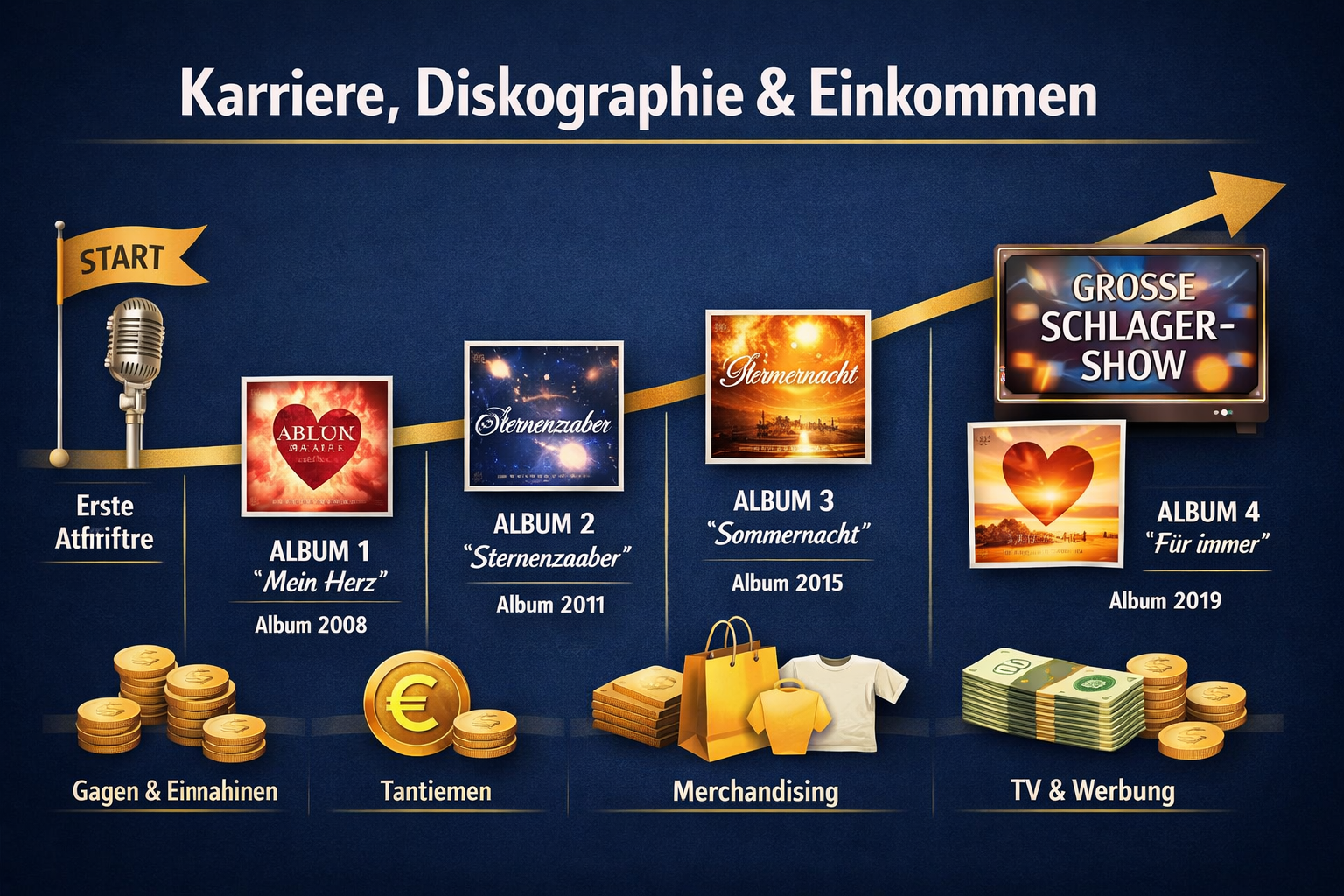 Wo wohnt Maite Kelly? Biographie, Familie & Karriere 2026 2 () infographic-style image showing a stylized music career timeline with album covers, microphone icon, TV screen showing