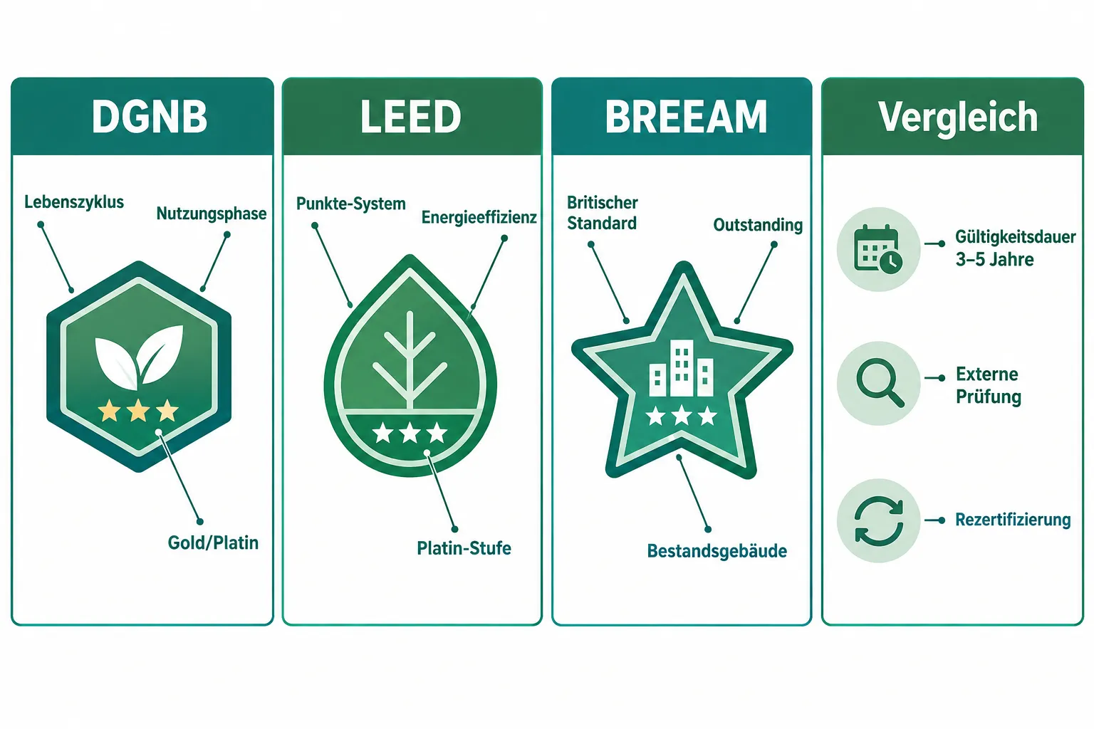 Nachhaltige Immobilien vermarkten: Wie Makler Green-Building-Zertifikate und ESG-Kriterien überzeugend kommunizieren 1 LEED vs. BREEAM vs. DGNB: Welches Zertifikat ist besser?