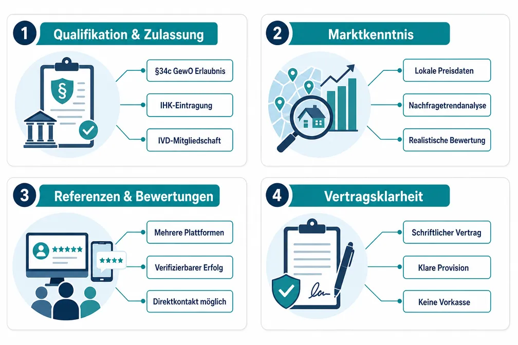 Immobilienmakler finden: Checkliste für die Auswahl eines guten Maklers und Warnsignale unseriöser Anbieter 1 Makler-Lizenz und Qualifikation überprüfen