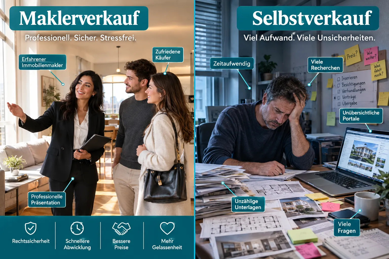Immobilienmakler Kosten: Welche Leistungen im Honorar enthalten sein sollten 2 Makler vs. Selbstverkauf: Kosten im Vergleich