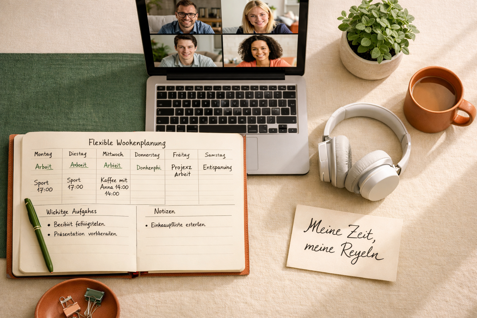 Das Ende des 9-to-5: Warum flexible Arbeitsmodelle die Zukunft sind 2 () overhead flat-lay photograph of a productive home workspace with a laptop showing a video conference call, a planner open