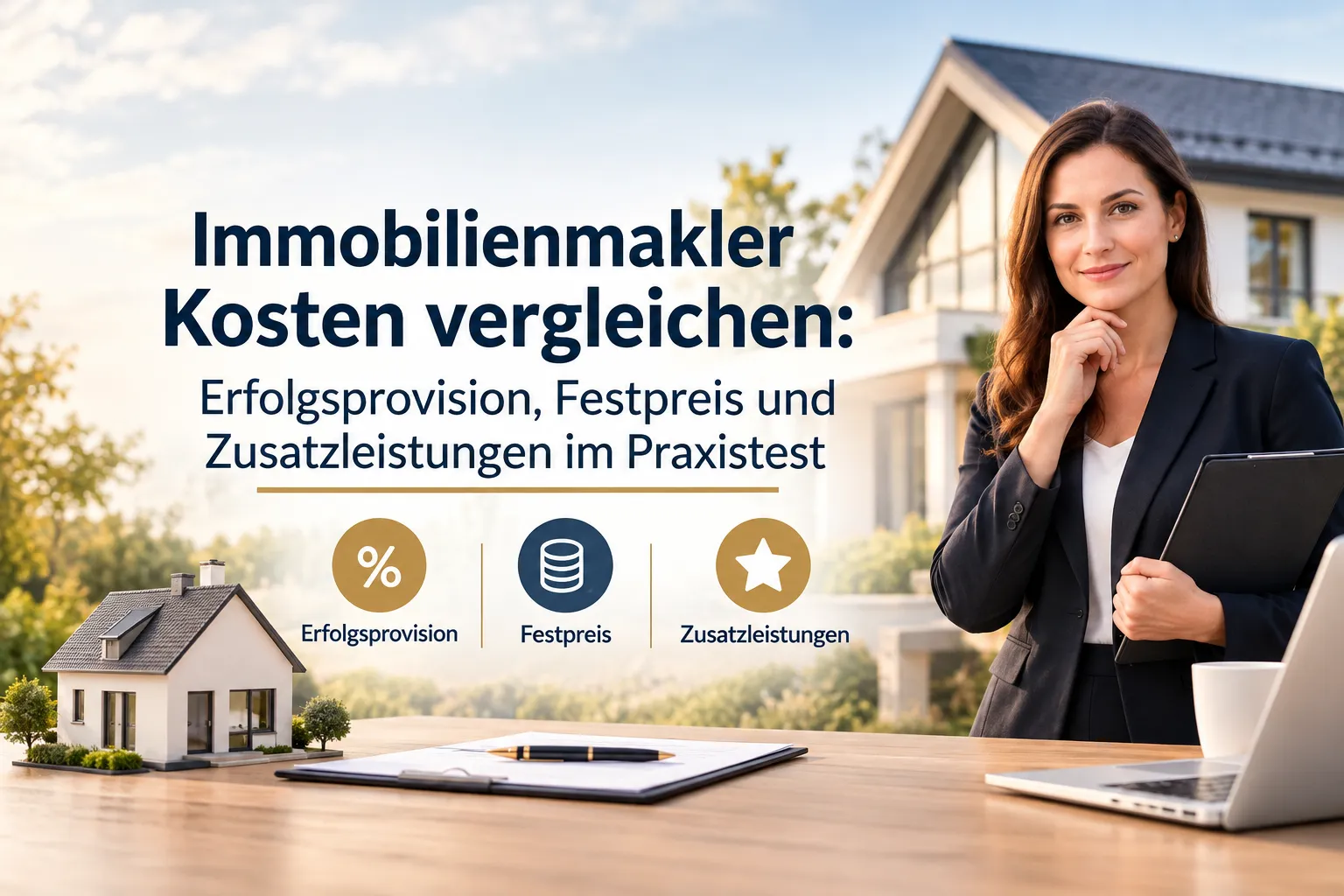 Immobilienmakler Kosten vergleichen: Erfolgsprovision, Festpreis und Zusatzleistungen im Praxistest 1 Professional landscape hero image (). Modern design, , , aesthetic. Background imagery relevant to: Immobilienmakler Kosten