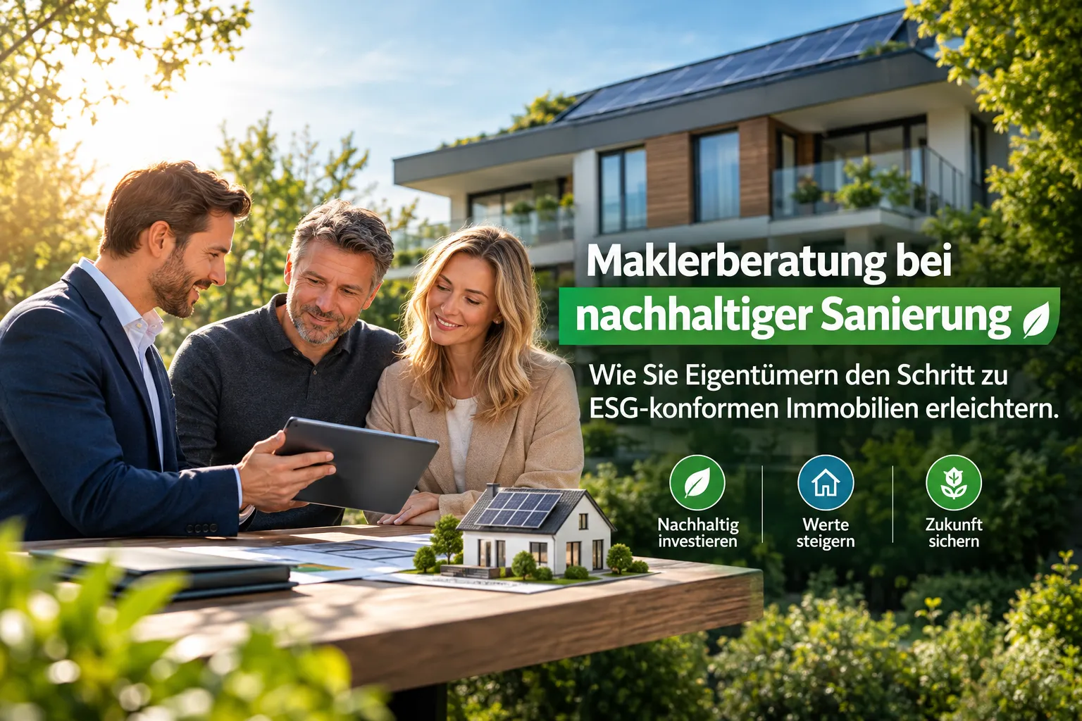 Maklerberatung bei nachhaltiger Sanierung: Wie Sie Eigentümern den Schritt zu ESG-konformen Immobilien erleichtern 1 Professional landscape hero image (). Modern design, , , aesthetic. Background imagery relevant to: Maklerberatung bei
