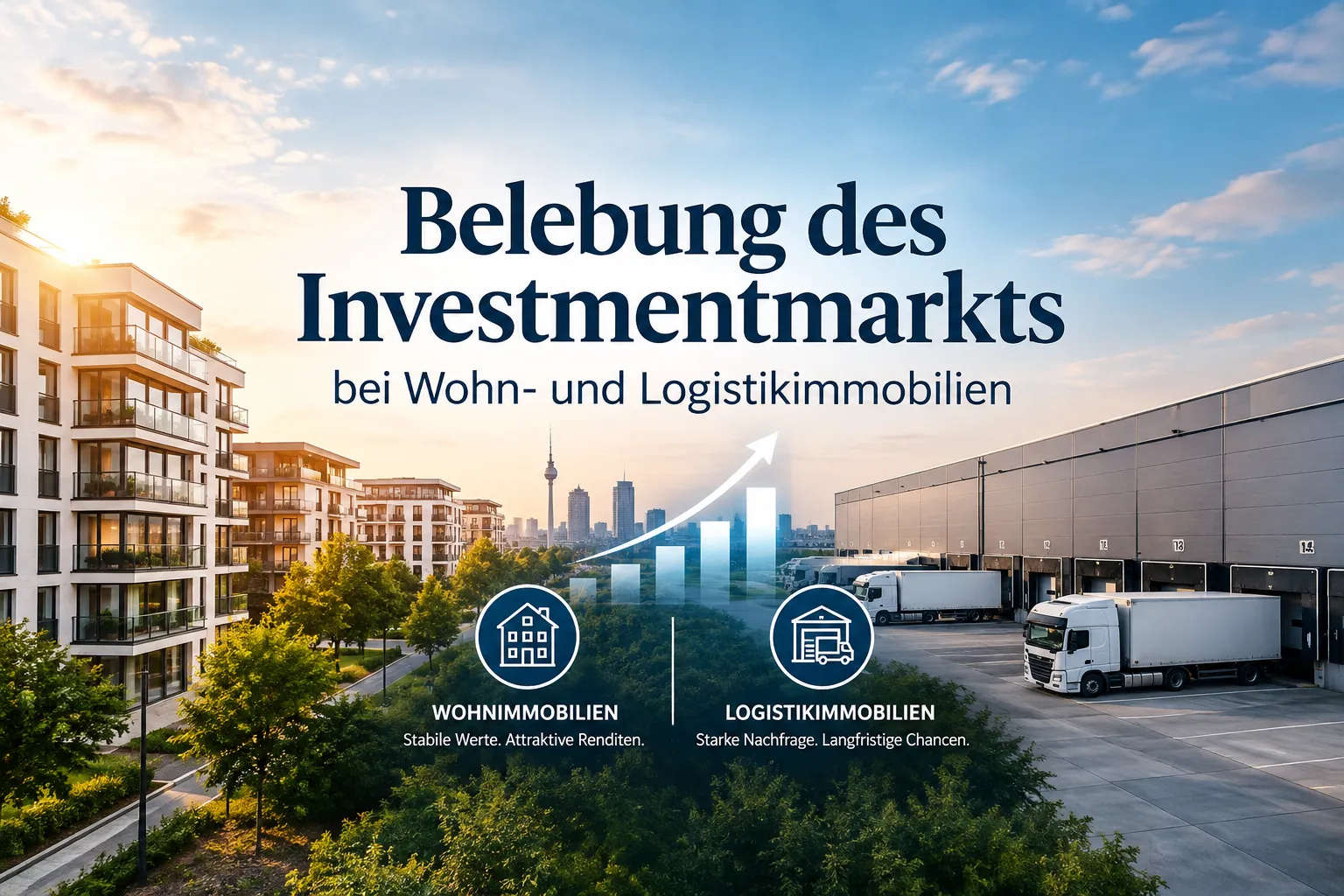 Belebung des Investmentmarkts bei Wohn- und Logistikimmobilien 1 Professional landscape hero image (). Modern design, , , aesthetic. Background imagery relevant to: Belebung des