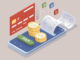 Isometric Online Shopping Store on Website and Mobile Phone design. Payment Approved, online card Payment, Online Marketing Smartphone device with receipt.