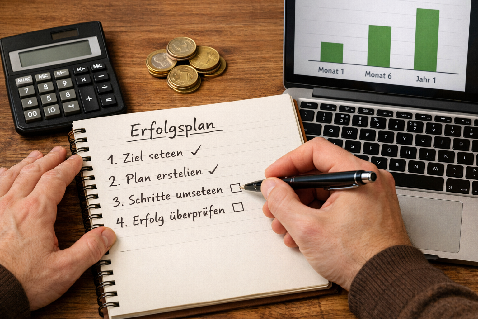 Passives Einkommen aufbauen: Realistische Strategien für den Start 2 () showing a close-up of a person's hands at a wooden desk, writing a step-by-step checklist in a notebook. Beside the