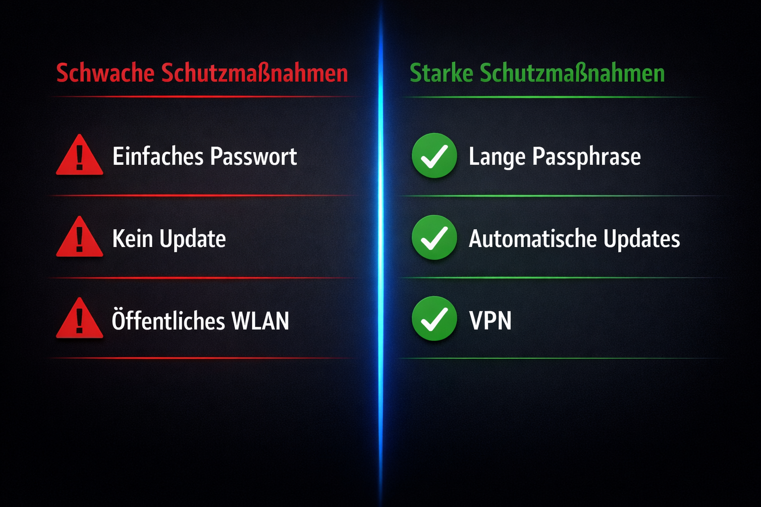 Cybersecurity 2026: Die wichtigsten Schutzmaßnahmen für Privatpersonen 2 () showing a split-screen comparison table visualization: left side labeled 'Schwache Schutzmaßnahmen' with red warning
