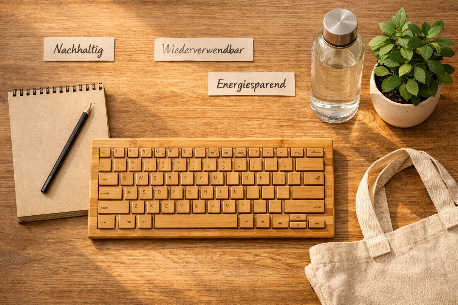 Nachhaltigkeit im Büro: Kleine Schritte mit großer ökologischer Wirkung 2 () showing a top-down flat-lay of a tidy office desk with a bamboo keyboard, recycled paper notepad, a glass water bottle, a