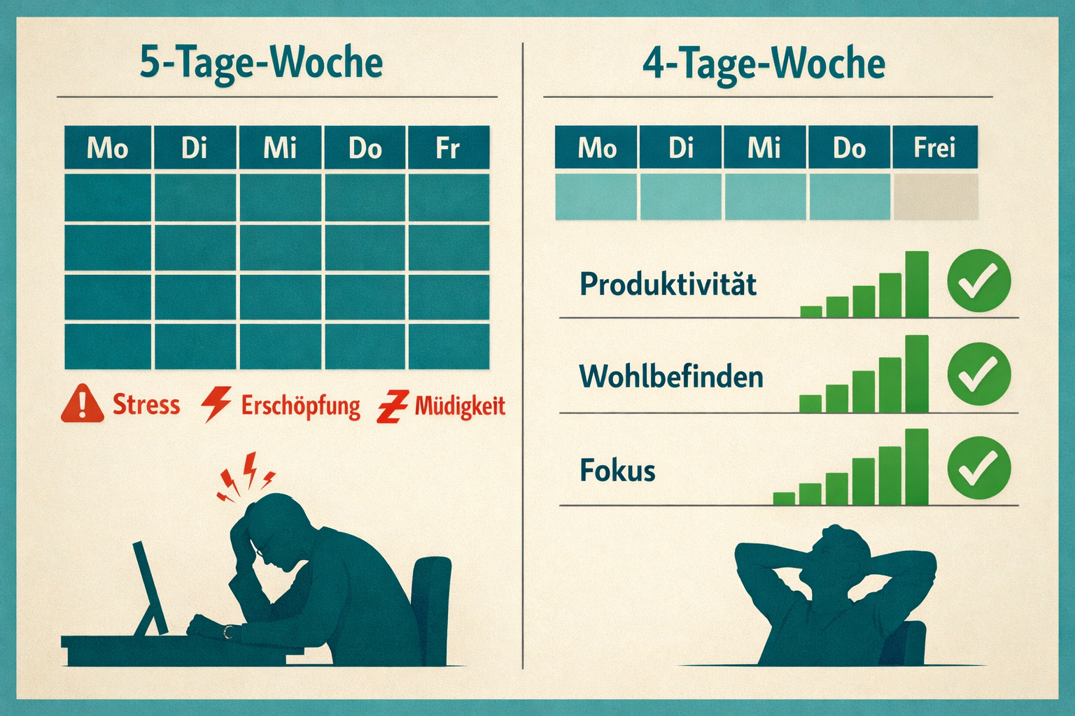 Die 4-Tage-Woche im Selbsttest: Mehr Freizeit, gleiche Produktivität? 1 () editorial infographic-style illustration showing a side-by-side comparison of a traditional 5-Tage-Woche versus