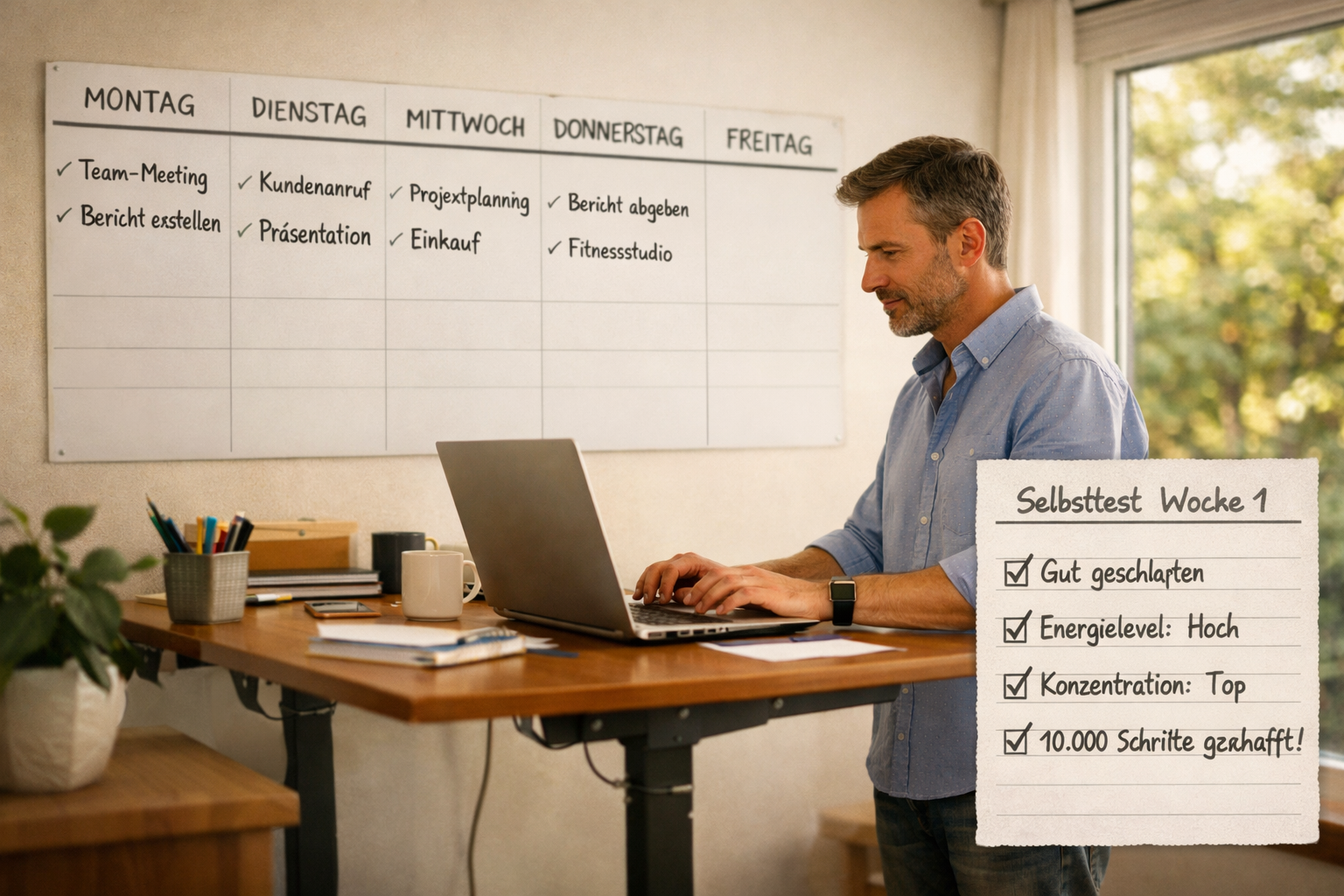 Die 4-Tage-Woche im Selbsttest: Mehr Freizeit, gleiche Produktivität? 2 () concept photo showing a German professional at a standing desk in a bright home office, looking focused and energized,