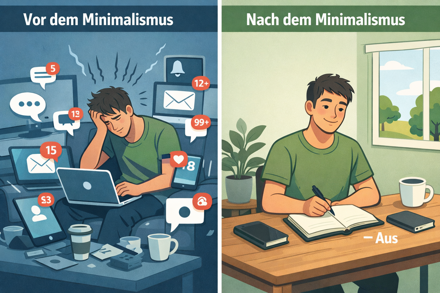 Digitaler Minimalismus: So reduzierst du deine Bildschirmzeit drastisch 1 () split-scene illustration showing two contrasting lifestyles side by side: left side shows a person slumped on a couch