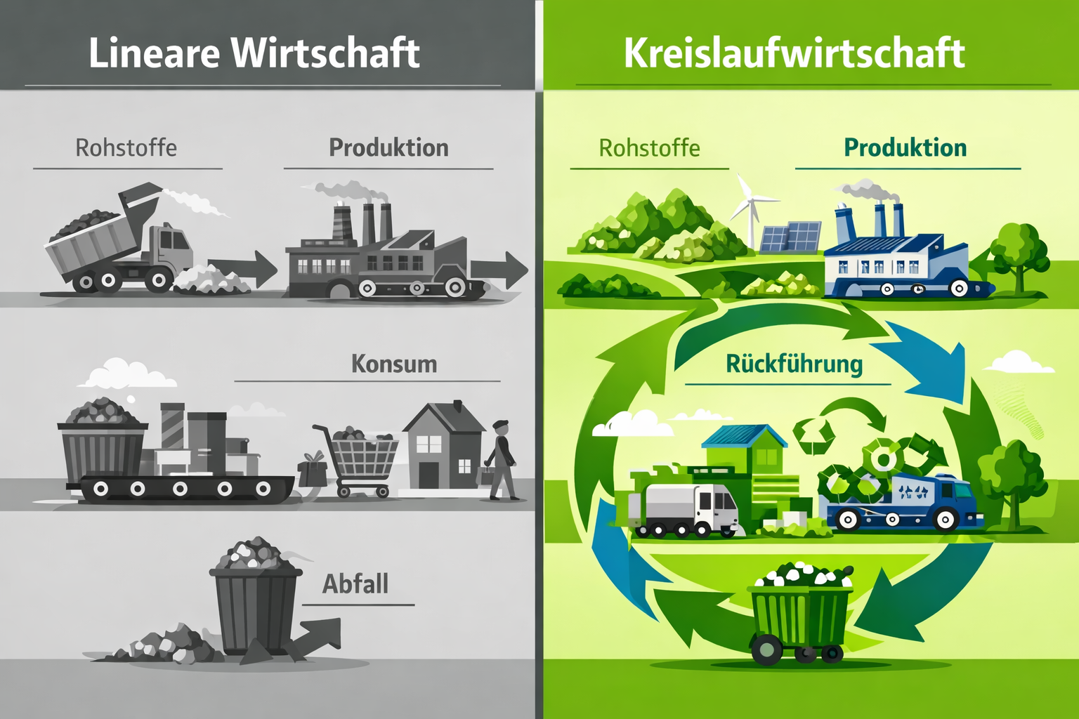 Kreislaufwirtschaft erklärt: Wie wir in Zukunft produzieren und konsumieren 2 () split-scene image: left side shows a traditional linear production line with raw materials entering and waste exiting