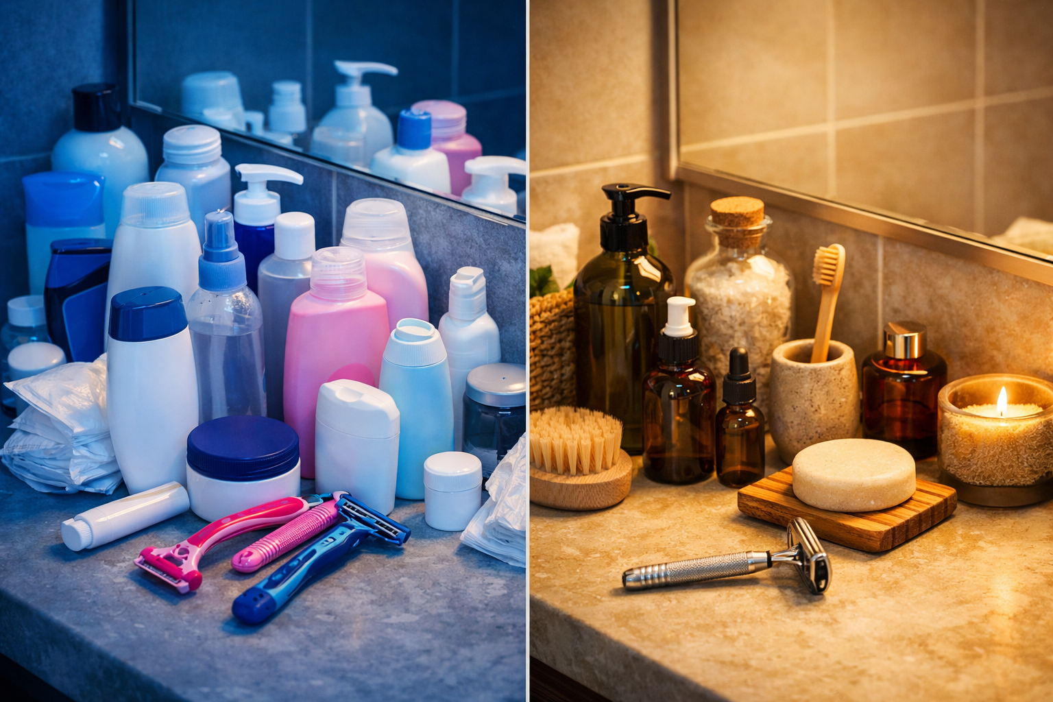 Zero Waste für Anfänger: Müllvermeidung leicht gemacht 2 () split-scene photograph showing a before-and-after comparison: left side shows a cluttered bathroom counter overflowing