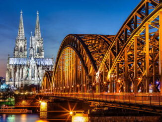Hohenzollern Bridge and Cologne Cathedral at dusk