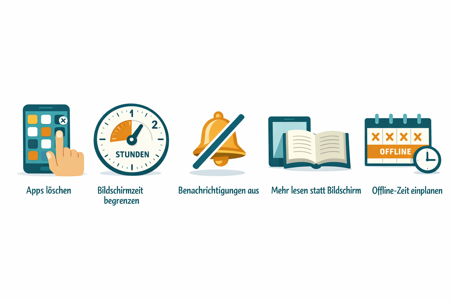 Digitaler Minimalismus: So reduzierst du deine Bildschirmzeit drastisch 2 () step-by-step visual checklist graphic showing five concrete digital minimalism actions as icon-driven steps on a clean