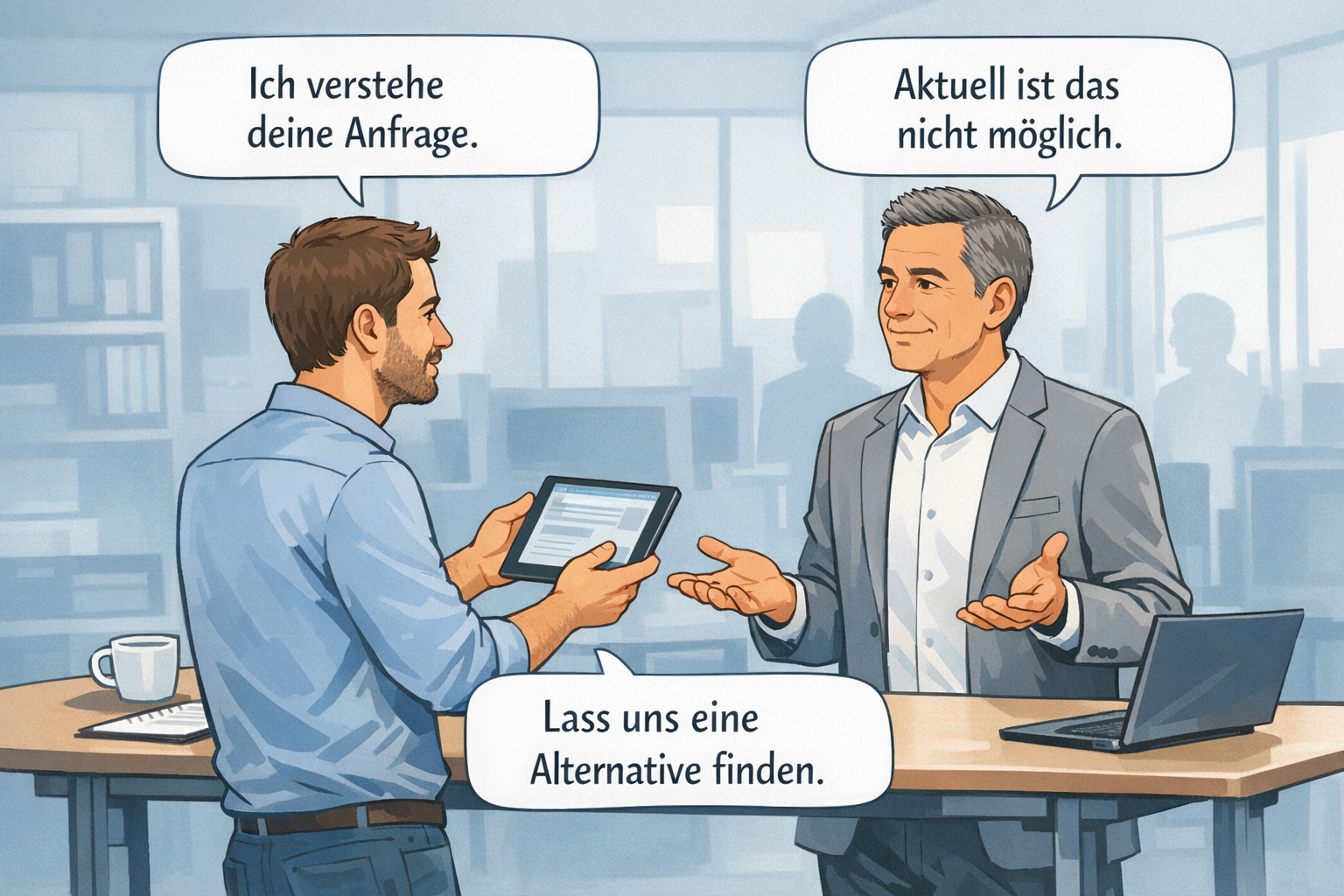 Die Kunst des Nein-Sagens: Grenzen setzen im Berufsalltag 2 () step-by-step visual guide showing a professional German office dialogue scene: two colleagues at a standing desk, one