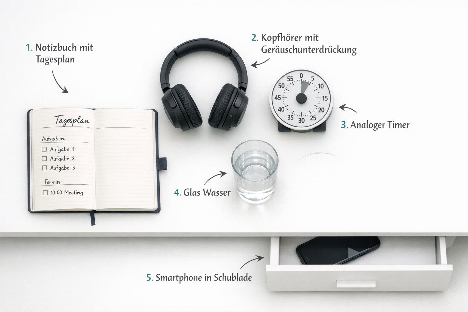 Deep Work: So erreichst du maximale Konzentration im Homeoffice 2 () step-by-step visual guide showing a top-down flat-lay of a home office desk with numbered elements: 1) ein Notizbuch mit