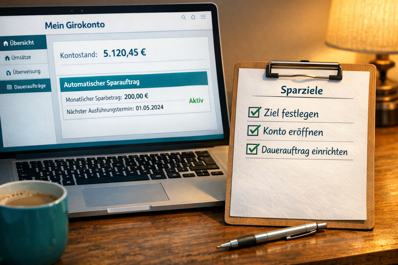 Der Notgroschen: Warum er so wichtig ist und wie du ihn richtig aufbaust 2 () step-by-step visual showing a German bank account interface on a laptop screen with an automatic savings transfer