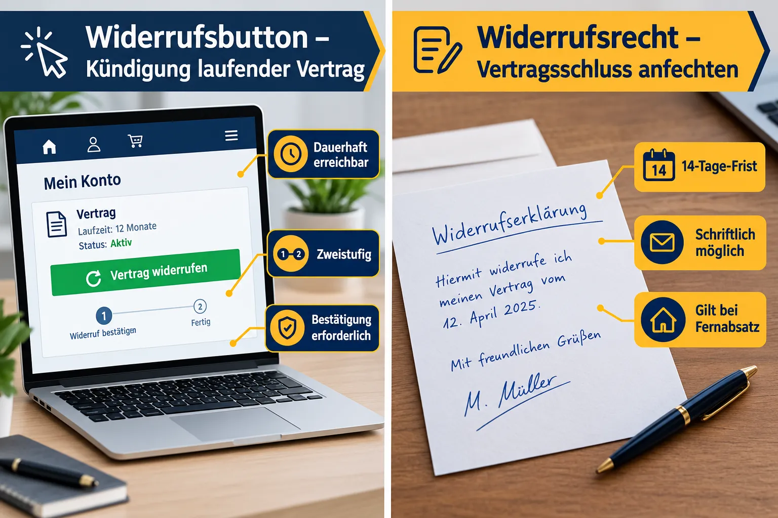 Widerrufsbutton beim Maklervertrag 2026: Neue Pflicht bei online geschlossenen Verträgen erklärt 2 Unterschied Widerrufsbutton vs. Widerrufsrecht beim Makler