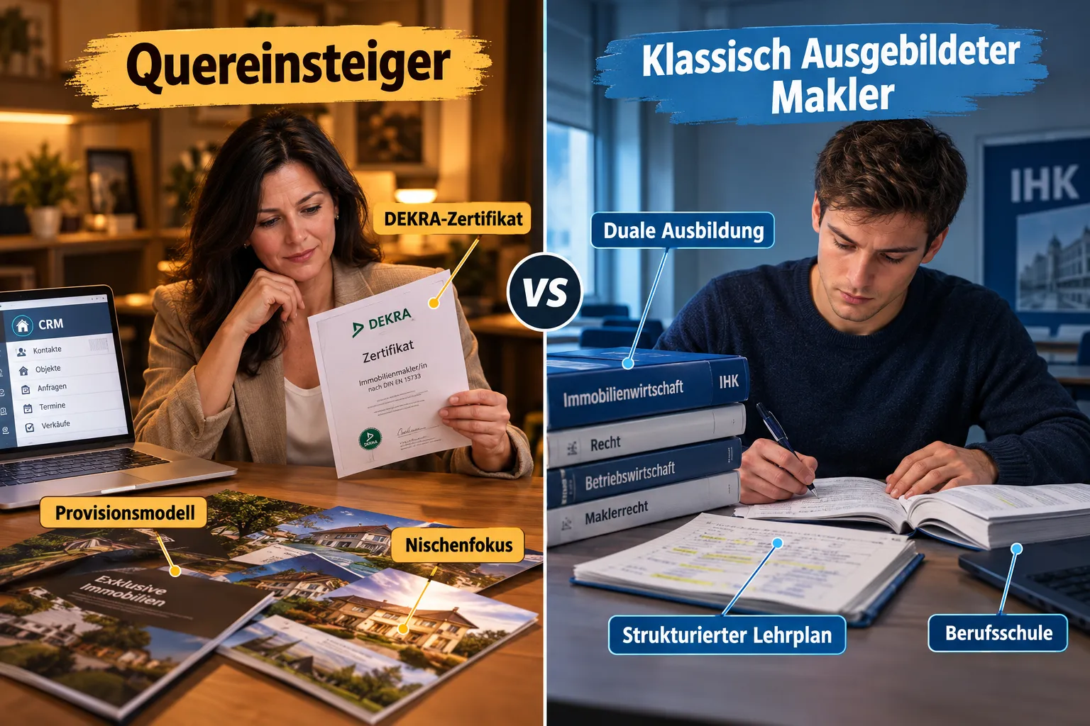 Immobilienmakler werden ohne klassische Ausbildung: Chancen, Risiken und die wichtigsten Zertifikate 2 Unterschied zwischen ausgebildetem Makler und Quereinsteiger