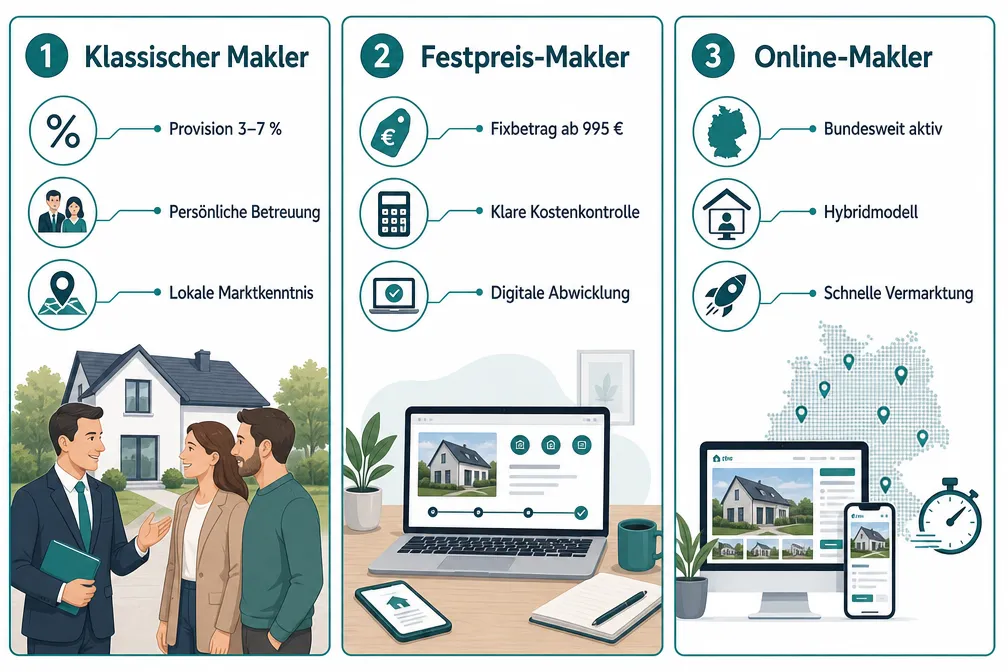 Festpreis-Makler, Online-Makler oder klassisches Büro? Vergleich der Geschäftsmodelle für Verkäufer 1 Unterschied zwischen Festpreis-Makler und Provisionsmodell