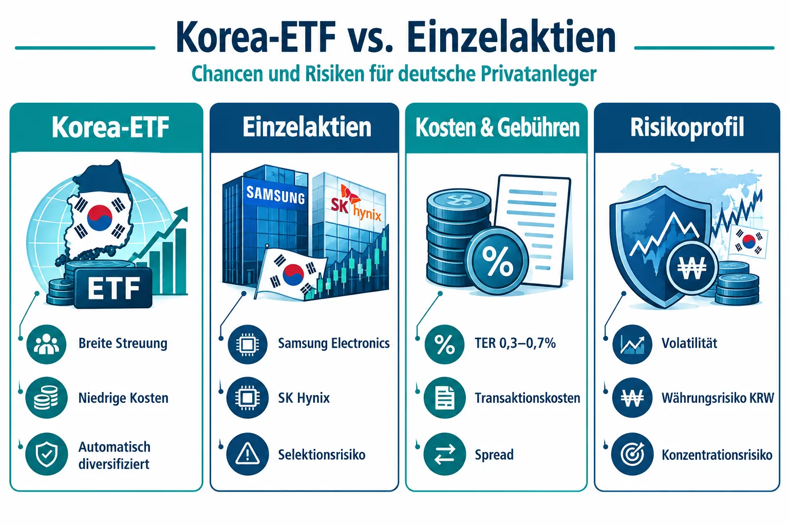 Korea-ETF vs. Einzelaktien: So profitieren Anleger vom Asien-Boom 1 Unterschied zwischen Korea-ETF und Einzelaktien kaufen