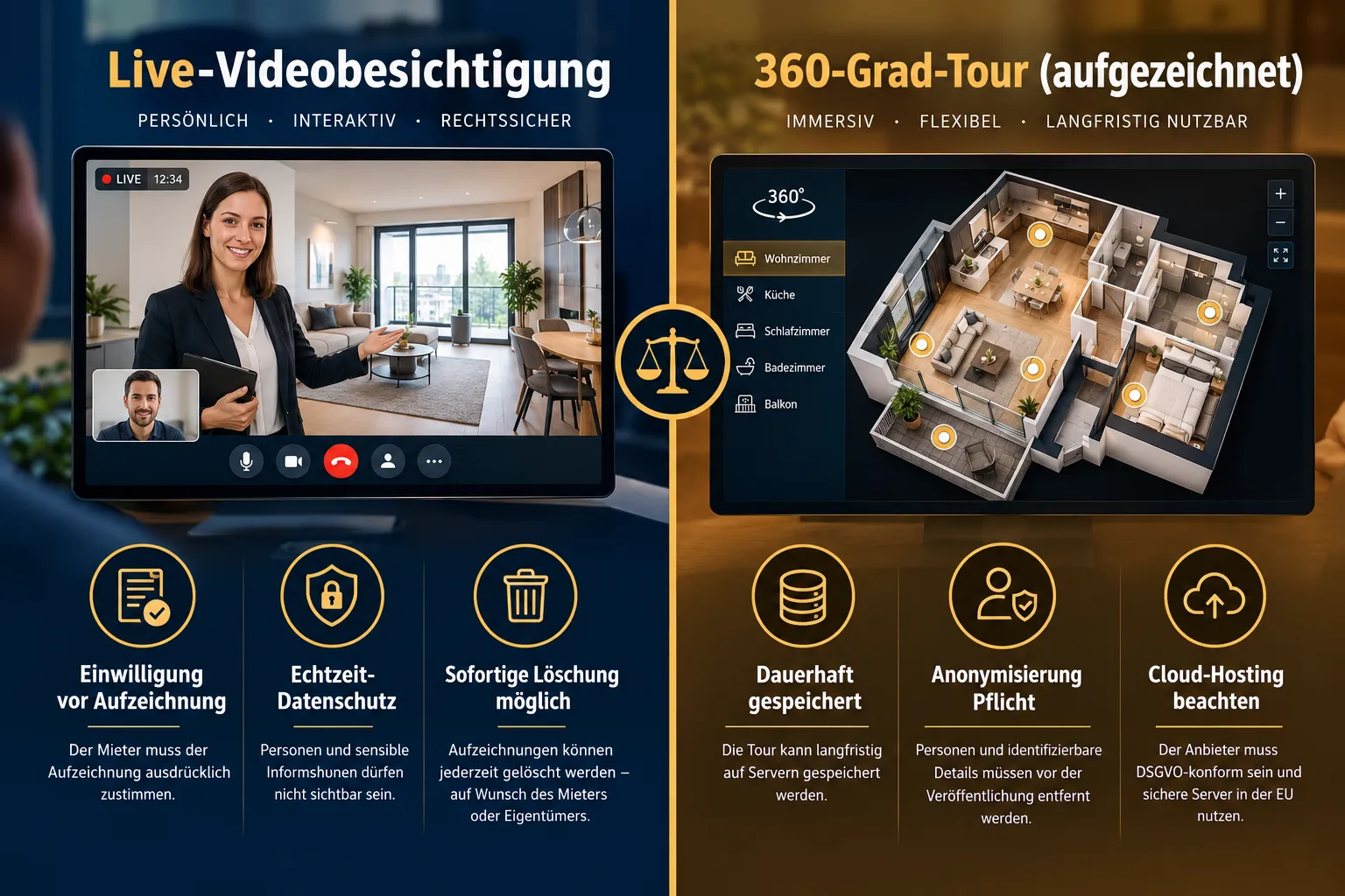 Virtuelle Besichtigung rechtssicher durchführen: Datenschutz, Einwilligung und Aufzeichnung bei Immobilienrundgängen 2 Unterschied zwischen Live-Stream und aufgezeichneter virtueller Besichtigung beim Datenschutz