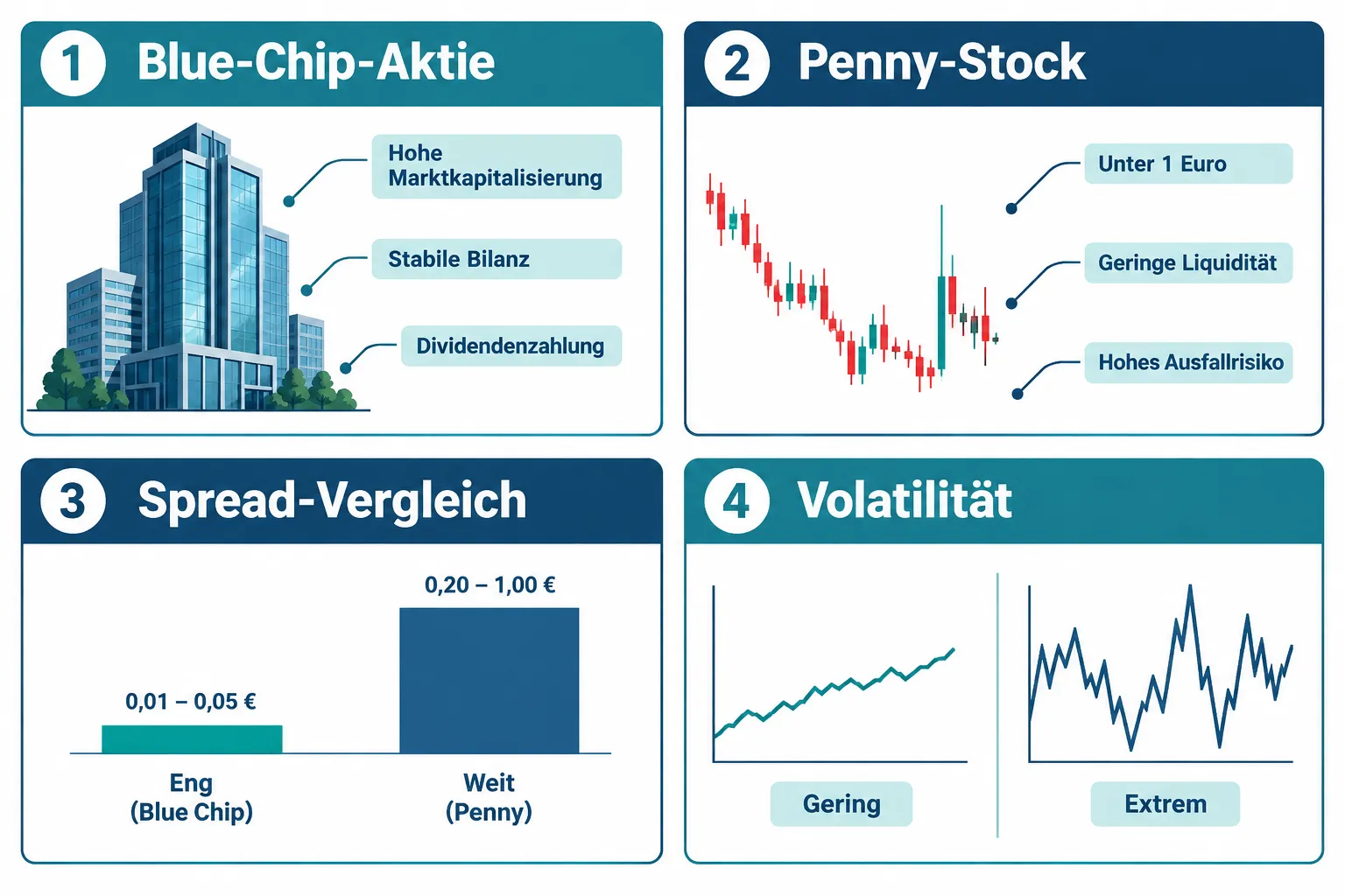 Blue-Chip-Aktien oder Penny-Stocks: Risiko, Liquidität und Renditepotenzial im direkten Vergleich 1 Was ist der Unterschied zwischen Blue-Chip-Aktien und Penny-Stocks