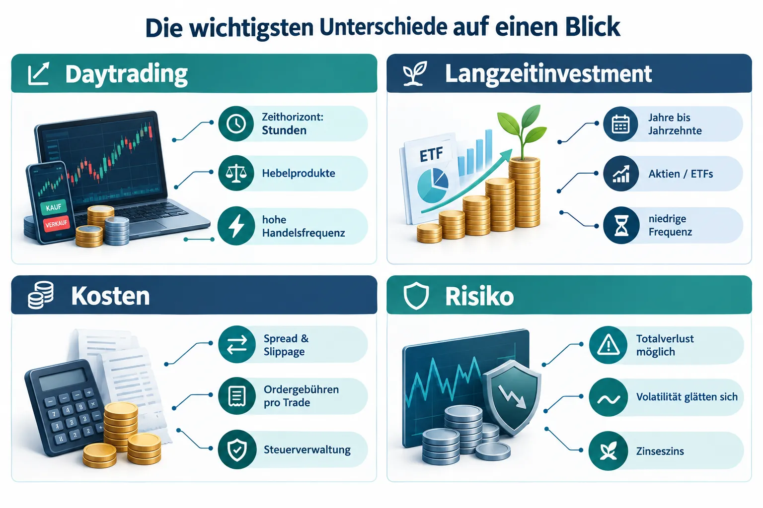 Langfristig investieren oder kurzfristig handeln? Kosten, Steuern, Risiko und Zeitaufwand im Vergleich 1 Was ist der Unterschied zwischen Daytrading und Langzeitinvestment?