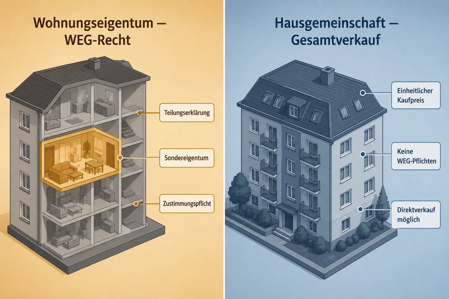 Immobilie verkaufen ohne Makler im Mehrfamilienhaus: Besonderheiten bei Teilungserklärung, Hausgemeinschaft und Unterlagen 2 Was ist der Unterschied zwischen Wohnungseigentum und Hausgemeinschaft?